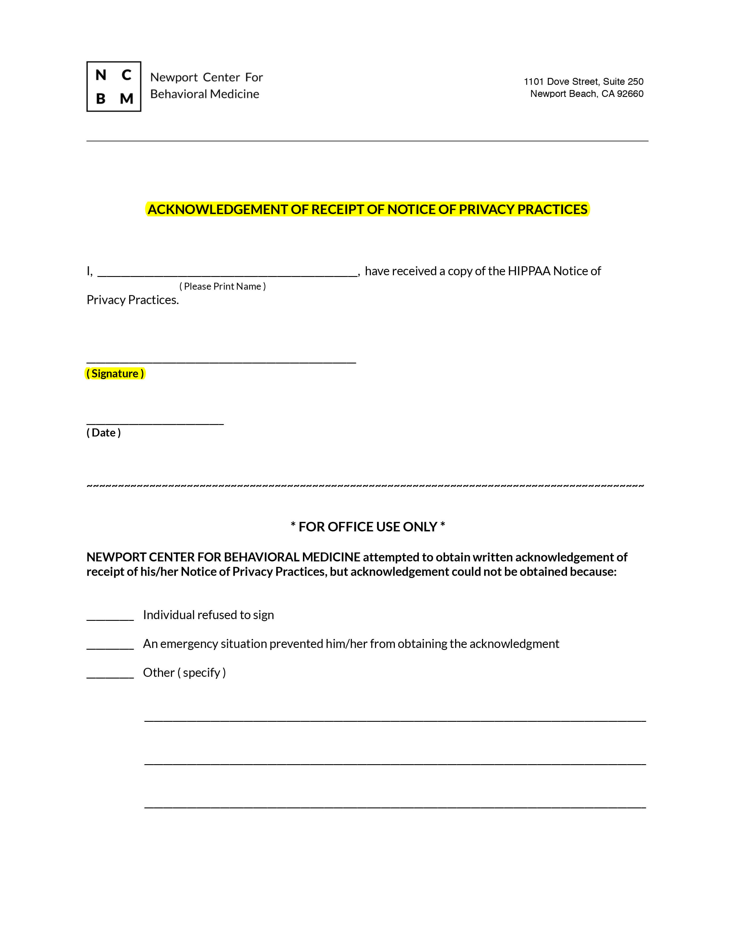 Receipt of Privacy Notice